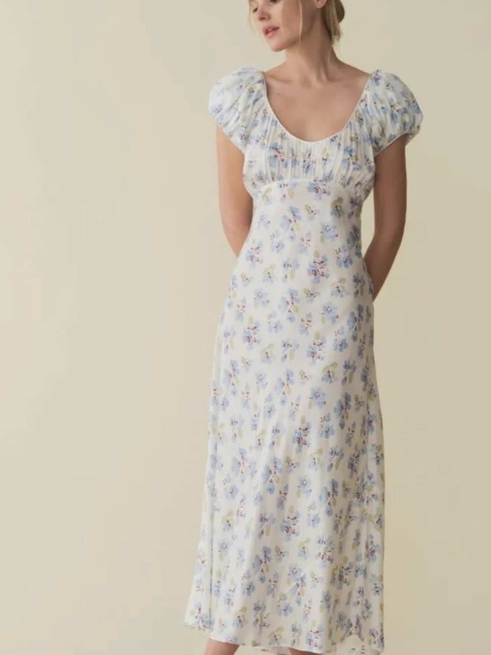 NWOT Doen Floral Puff-Sleeve Midi Dress in White and Light Blue, Size M